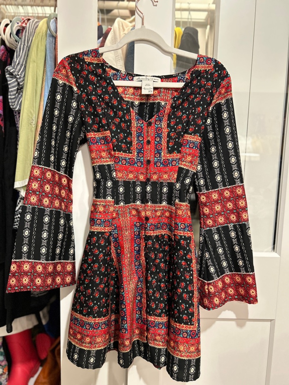 American Rag Black & Red Floral Patchwork Mini Dress